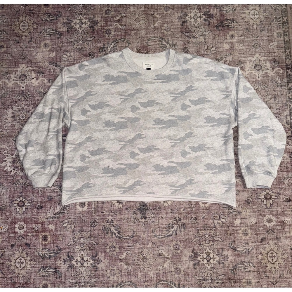American Eagle Womens Gray Camo Raw Hem Oversized Crewneck Sweatshirt Large‎